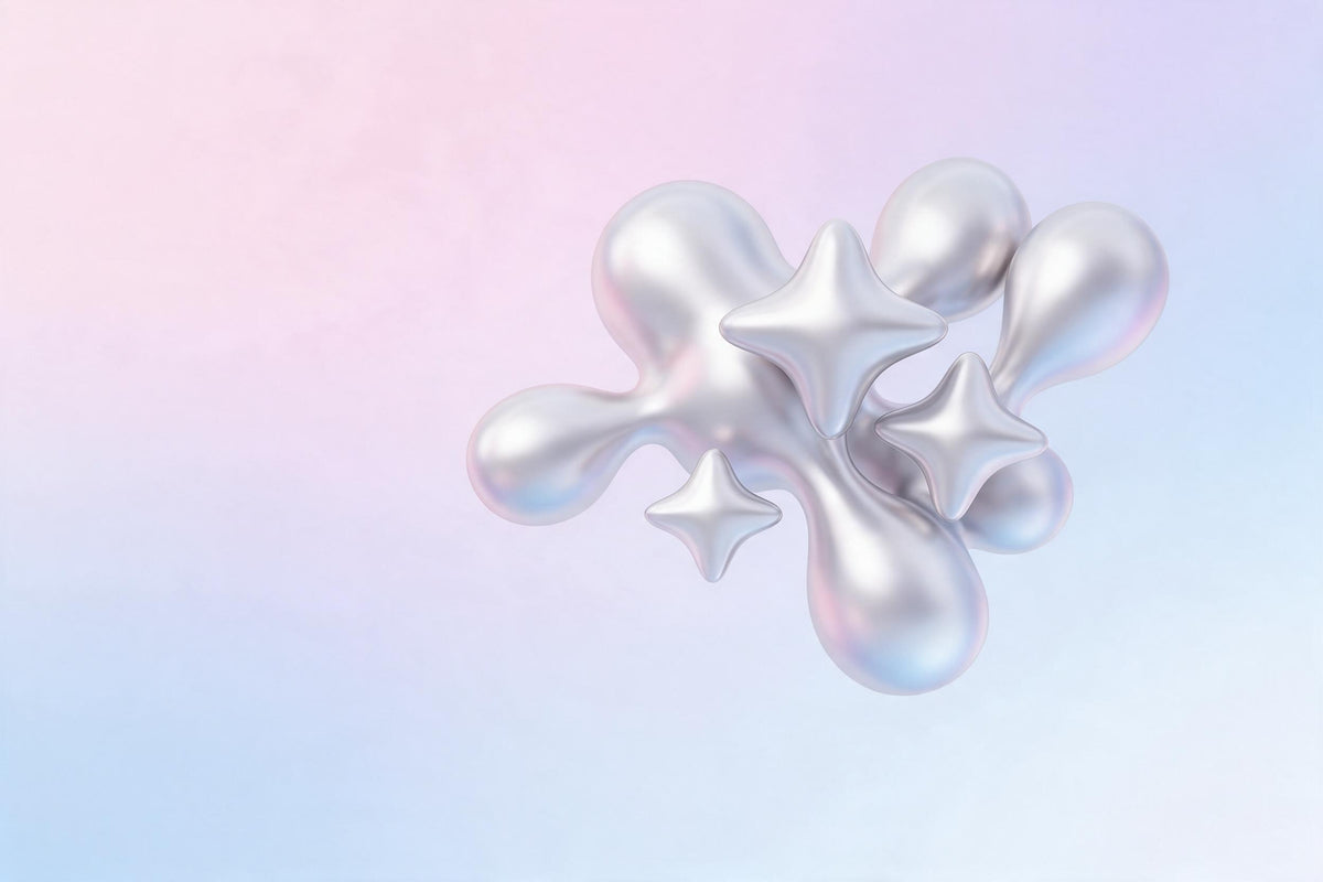 Y2K chrome shapes with silver bubbles and three stars right of centre, tapestry printed on fabric – pink and blue