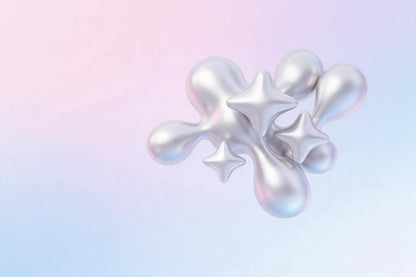 Y2K chrome shapes with silver bubbles and three stars right of centre, tapestry printed on fabric – pink and blue
