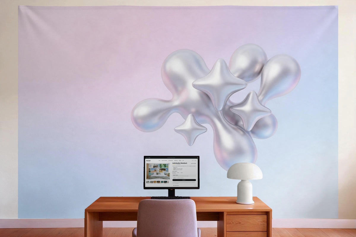 XXL wall tapestry Y2K Chrome Shapes in Silver and Pink as wall decor in a home office behind the desk