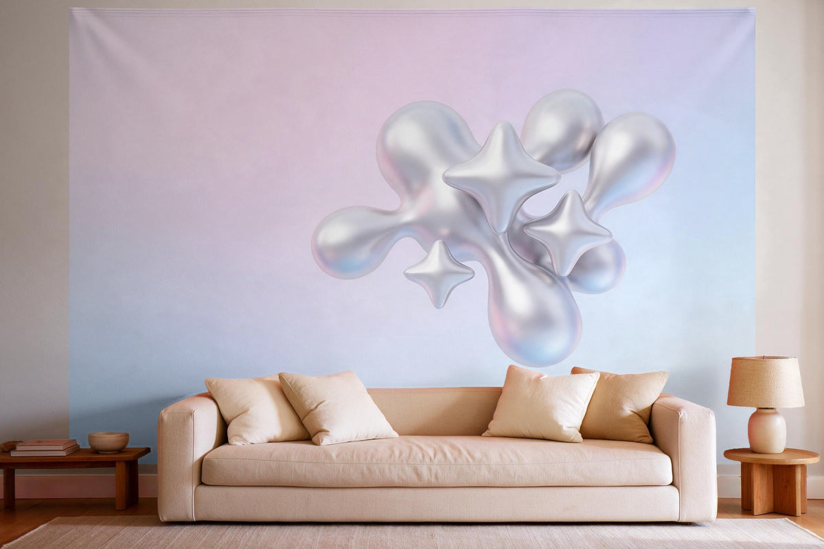 Wall decor in a bright living room above the sofa: printed fabric tapestry Y2K Chrome Shapes in Silver and Pink