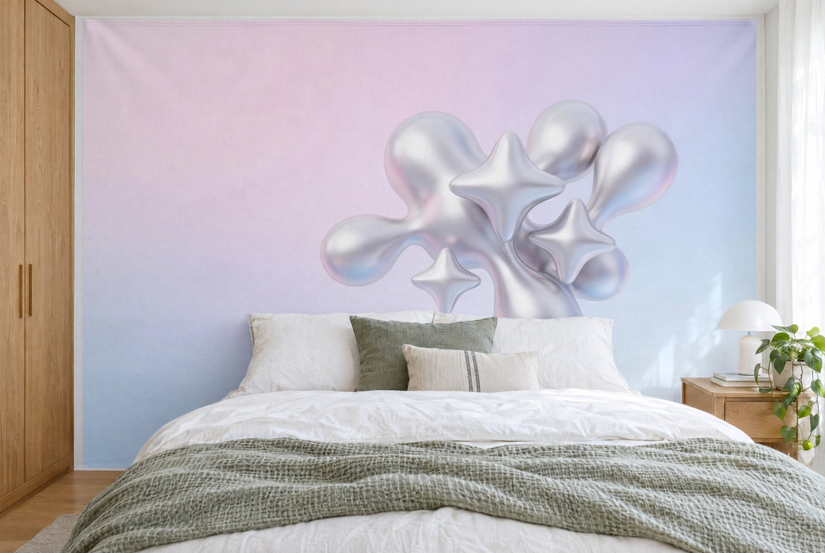 XXL printed fabric: silver chrome bubbles with three stars at right, pink-blue gradient, full wall behind the bed