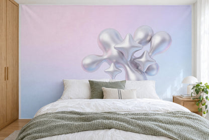XXL printed fabric: silver chrome bubbles with three stars at right, pink-blue gradient, full wall behind the bed