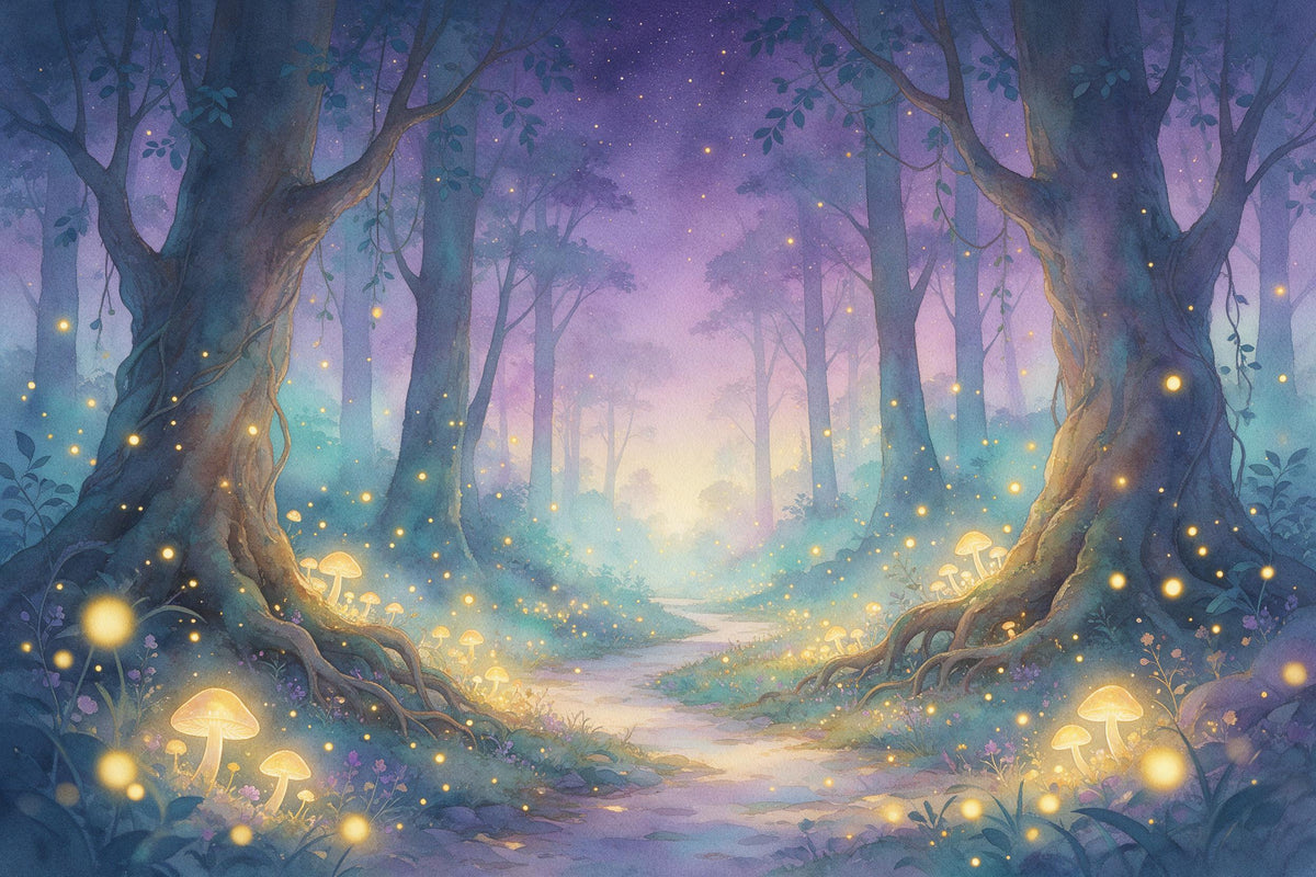 Forêt enchantée, champignons lumineux et lucioles dorées au chemin, tenture murale imprimée sur tissu – lilas et turquoise