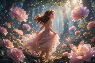 Fillette en robe de tulle rose, forêt enchantée aux fleurs géantes lumineuses, tenture murale imprimée sur tissu – rose