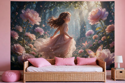 Wandtuch XXL Zauberwald mit leuchtenden Blumen als Wanddeko im Mädchenzimmer