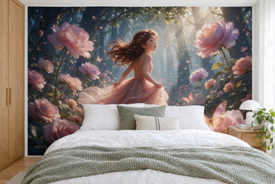 Tissu imprimé XXL : fillette à gauche du centre parmi des fleurs géantes, mur entier derrière le lit