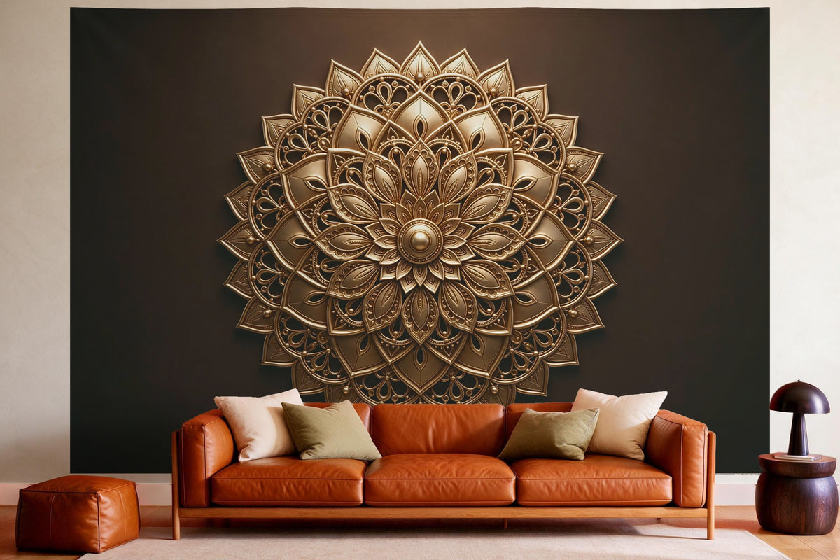 Wanddeko im gemütlichen Wohnzimmer über dem Ledersofa: Wandtuch Goldenes Mandala, auf Stoff gedruckt