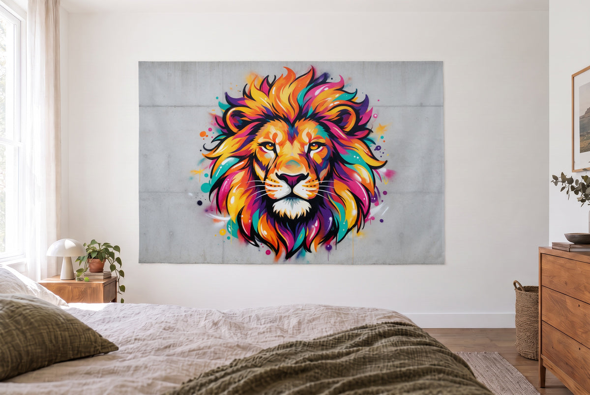 Tenture murale Lion graffiti coloré dans la chambre lumineuse au-dessus du lit – tête street art vive sur béton gris