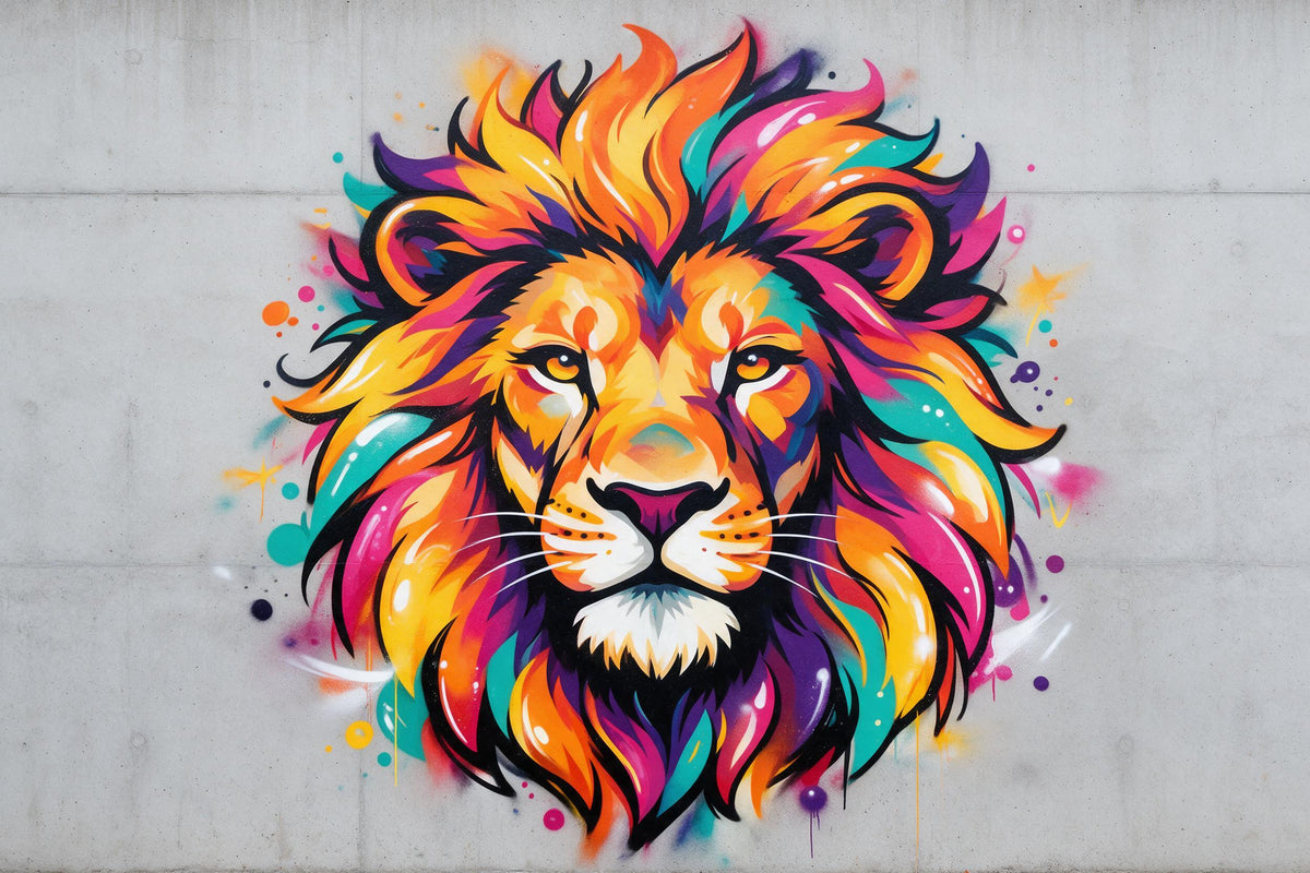 Tête de lion graffiti colorée sur béton en tenture murale imprimée sur tissu – crinière orange, rose, violette et turquoise