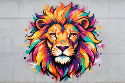 Tête de lion graffiti colorée sur béton en tenture murale imprimée sur tissu – crinière orange, rose, violette et turquoise