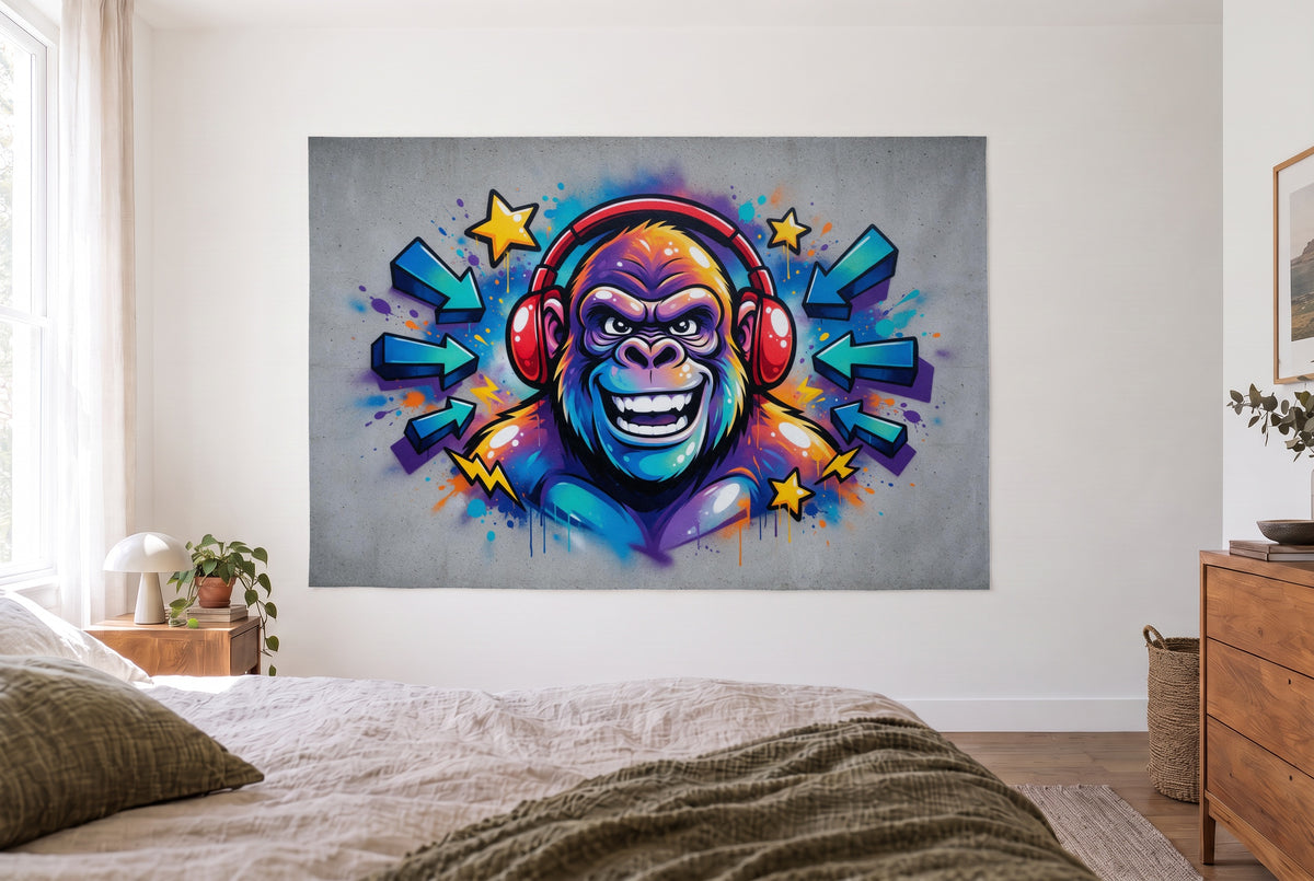 Graffiti Gorilla with Headphones tapestry in the bright bedroom above the bed – street art in blue, violet and yellow