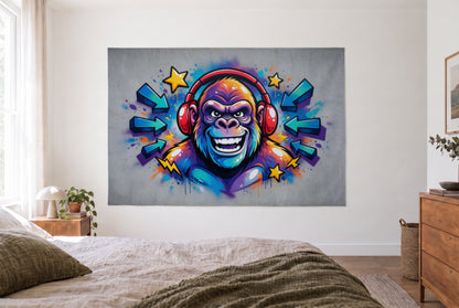 Graffiti Gorilla with Headphones tapestry in the bright bedroom above the bed – street art in blue, violet and yellow