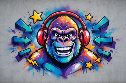 Grinning graffiti gorilla with red headphones as a tapestry printed on fabric – arrows, stars and lightning bolts on concrete