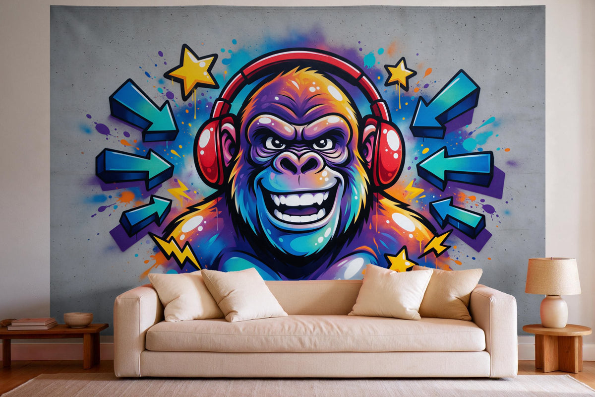 Wanddeko im hellen Wohnzimmer über dem Sofa: Wandtuch Graffiti-Gorilla mit Kopfhörern, auf Stoff gedruckt
