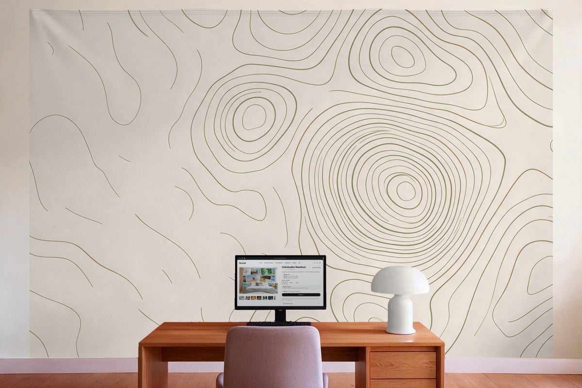 Tapiz de pared XXL con curvas de nivel verde oliva como decoración en la oficina detrás del escritorio