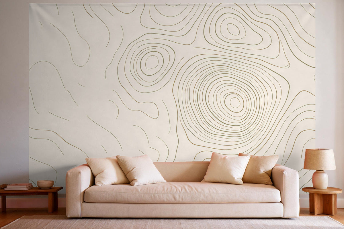 Decoración de pared en un salón luminoso sobre el sofá: tapiz de tela con curvas de nivel verde oliva