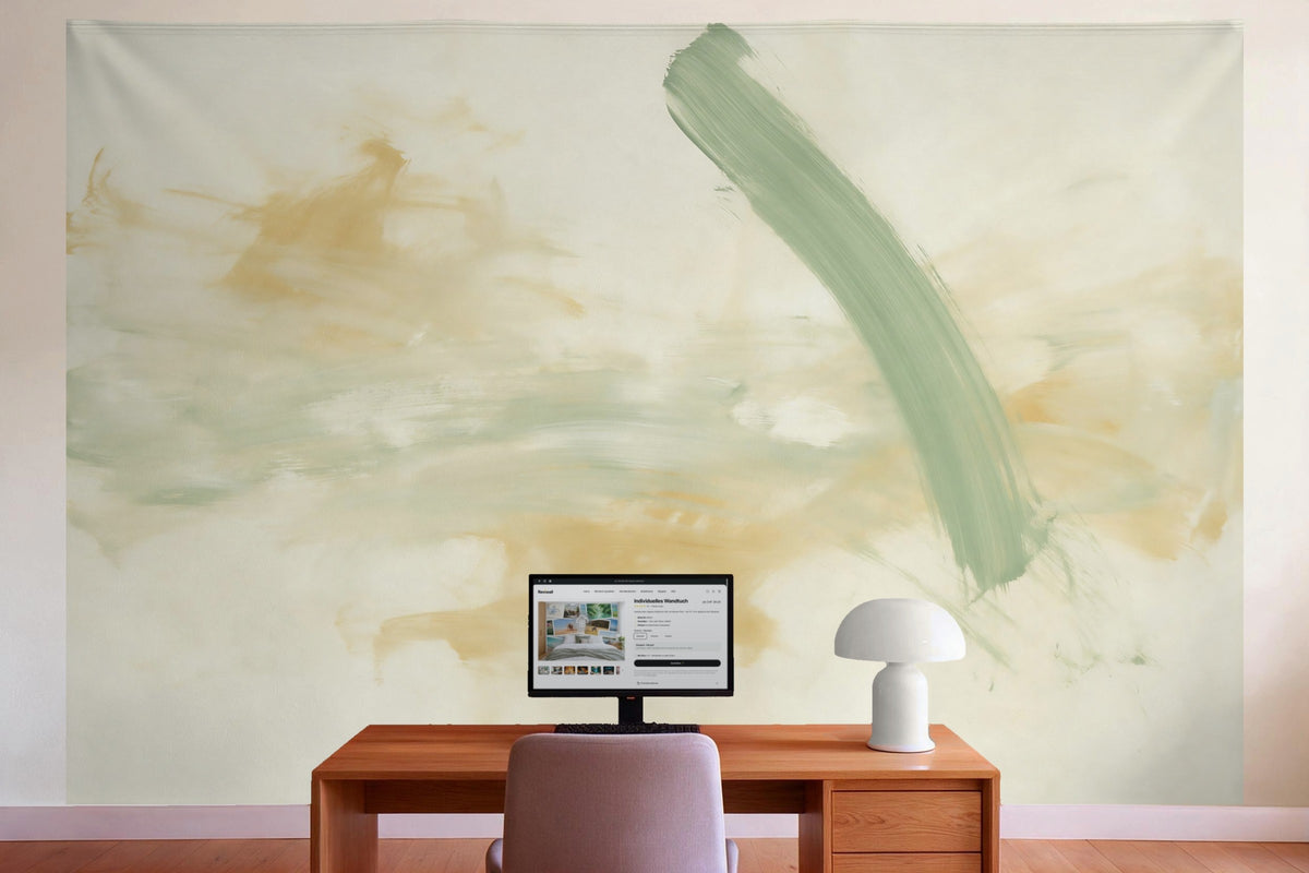 Tenture murale XXL Coups de pinceau abstraits sauge et ocre en déco murale dans le bureau derrière la table de travail