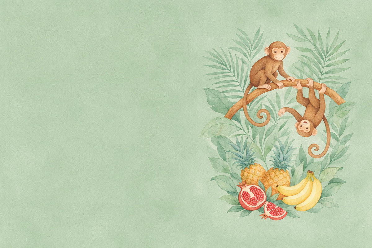 Deux singes perchés à droite au-dessus d'ananas, bananes et grenades sur vert sauge, tenture murale imprimée sur tissu – vert