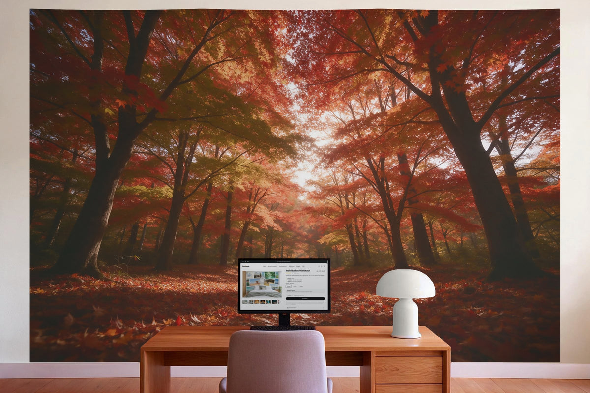 Wanddeko im Büro hinter dem Schreibtisch: Wandtuch Herbstlicher Ahornwald mit Lichtflecken, auf Stoff gedruckt