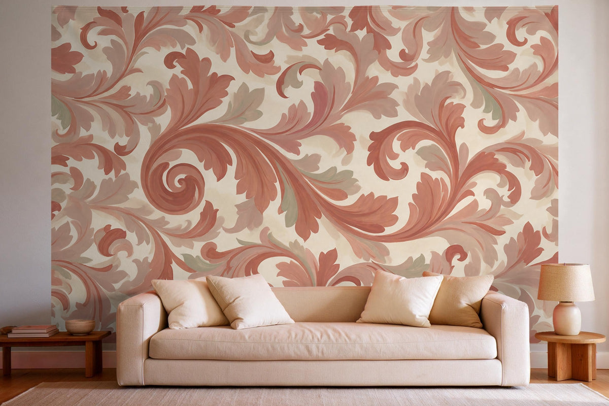 XXL wall tapestry Acanthus Scrolls in Terracotta as wall decor in a bright living room above the sofa
