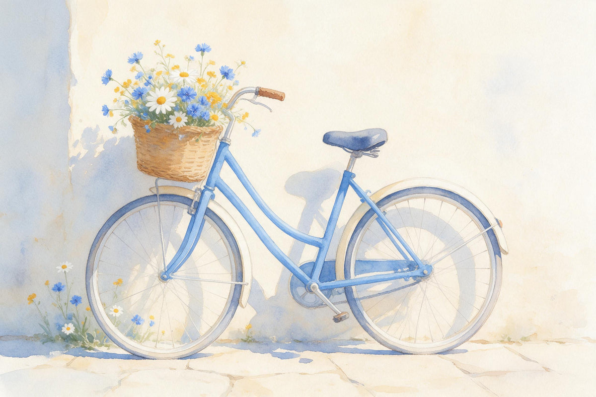 Old bicycle with a flower basket full of meadow flowers by a pale house wall, tapestry printed on fabric – blue and yellow