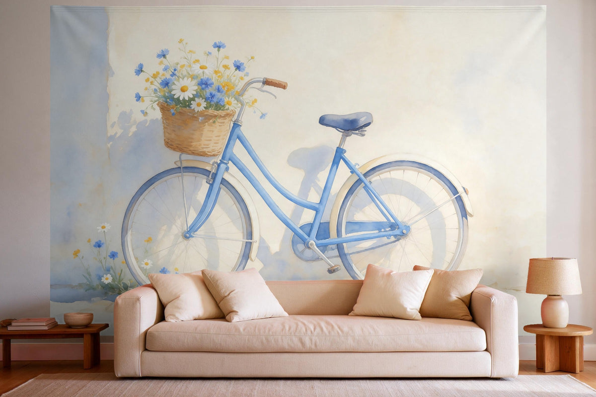 Wandtuch XXL Altes Fahrrad mit Blumenkorb als Wanddeko im hellen Wohnzimmer über dem Sofa