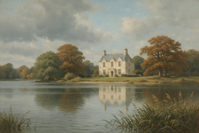 Vieille maison au bord d'un lac calme, reflet et arbres d'automne, tenture murale imprimée sur tissu – vert, orange et bleu