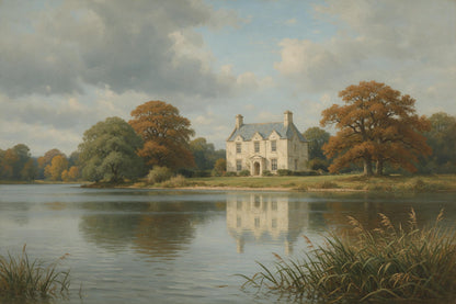Old country house by a still lake with reflection and autumn trees, tapestry printed on fabric – green, orange and blue
