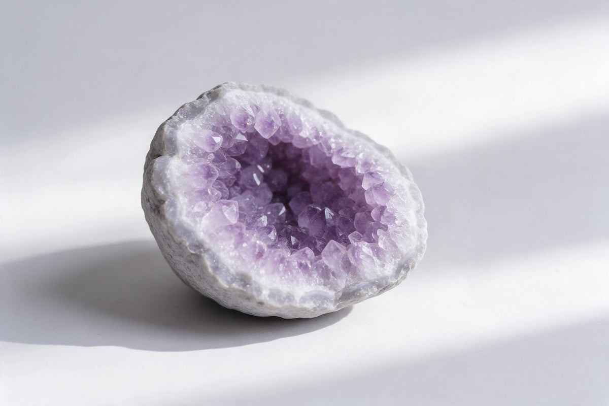 Amethyst-Druse mit dicht gewachsenen violetten Kristallen im grauen Stein, als Wandtuch, auf Stoff gedruckt – Violett