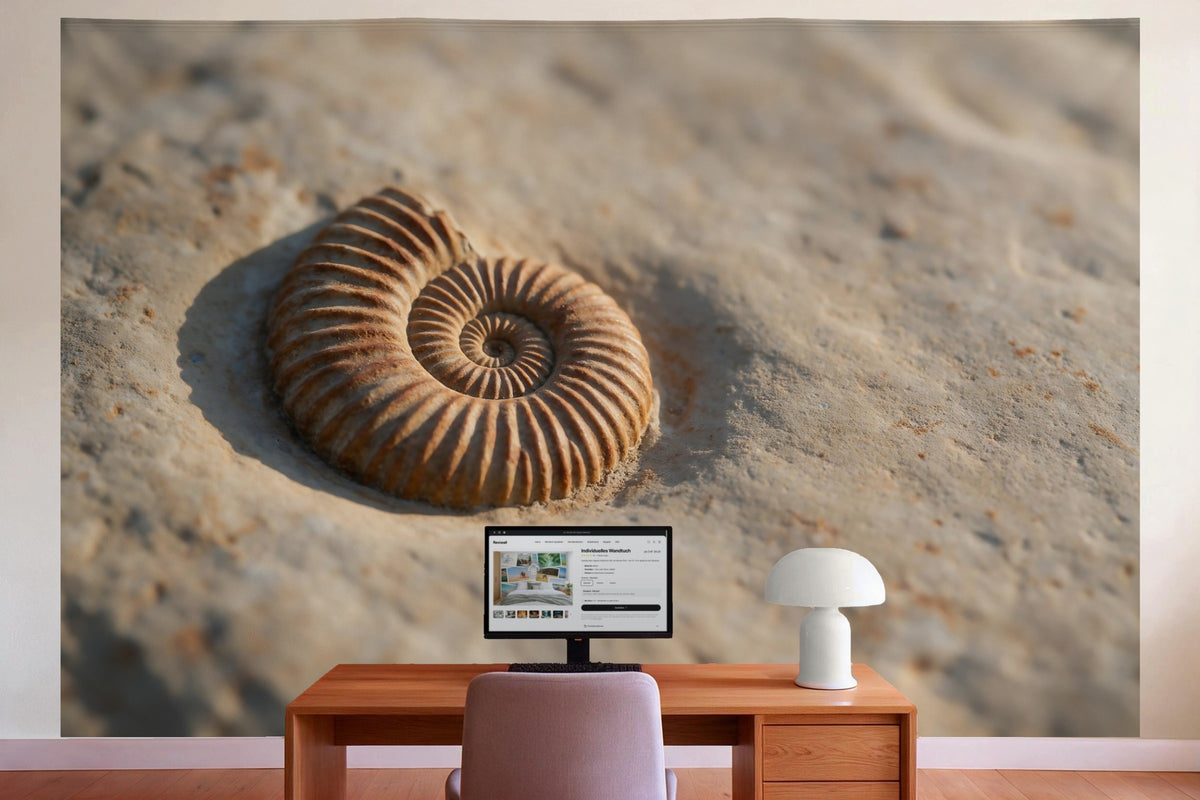 Wanddeko im Büro hinter dem Schreibtisch: Wandtuch Ammonit-Fossil im Gestein, auf Stoff gedruckt
