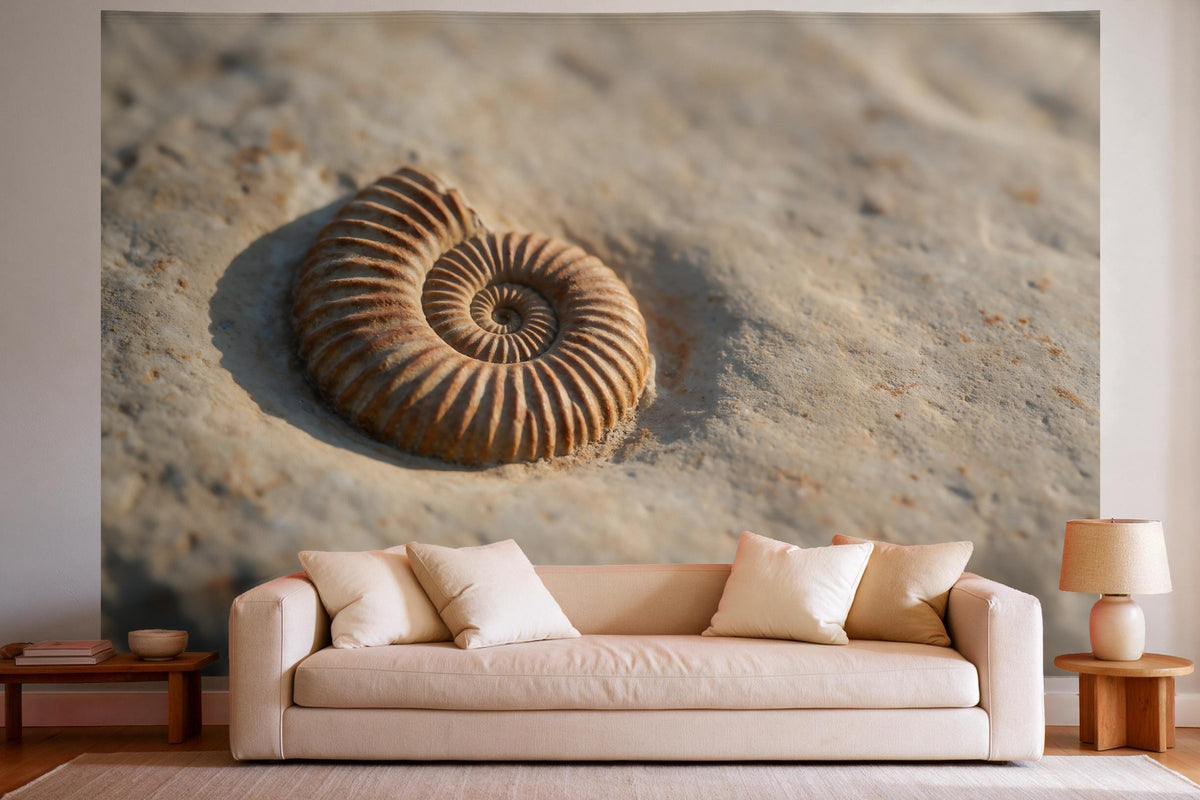 Wandtuch XXL Ammonit-Fossil im Gestein als Wanddeko im hellen Wohnzimmer über dem Sofa
