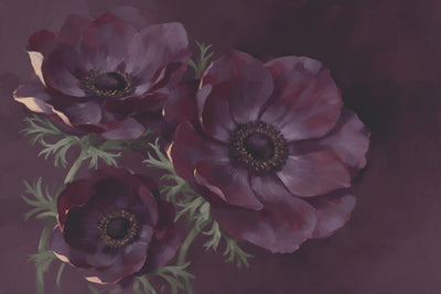 Plum violet anemones with dark centres and sage green leaves on a dark background, tapestry printed on fabric