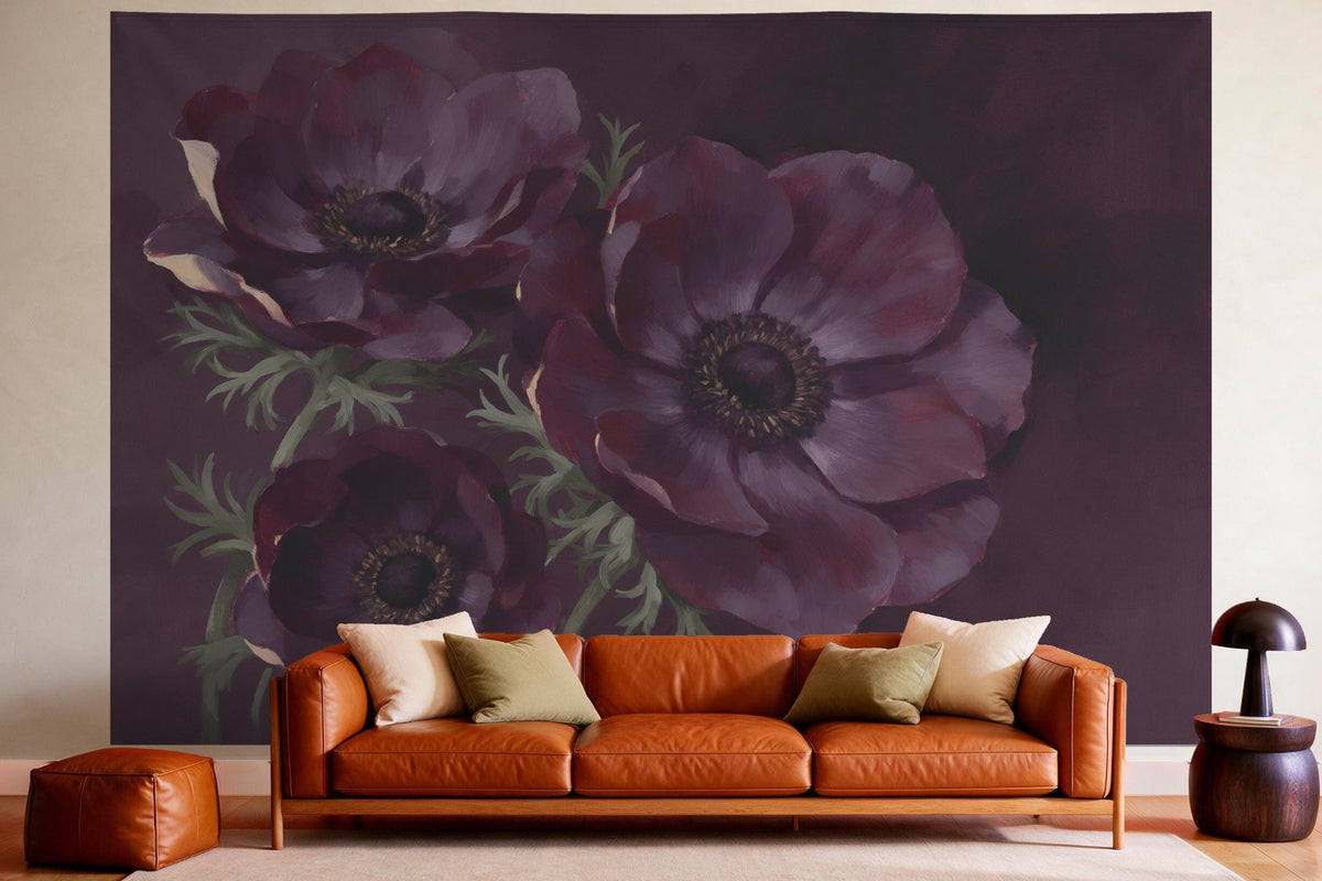 XXL wall tapestry Anemones on a Dark Background as wall decor in a cosy living room above the leather sofa