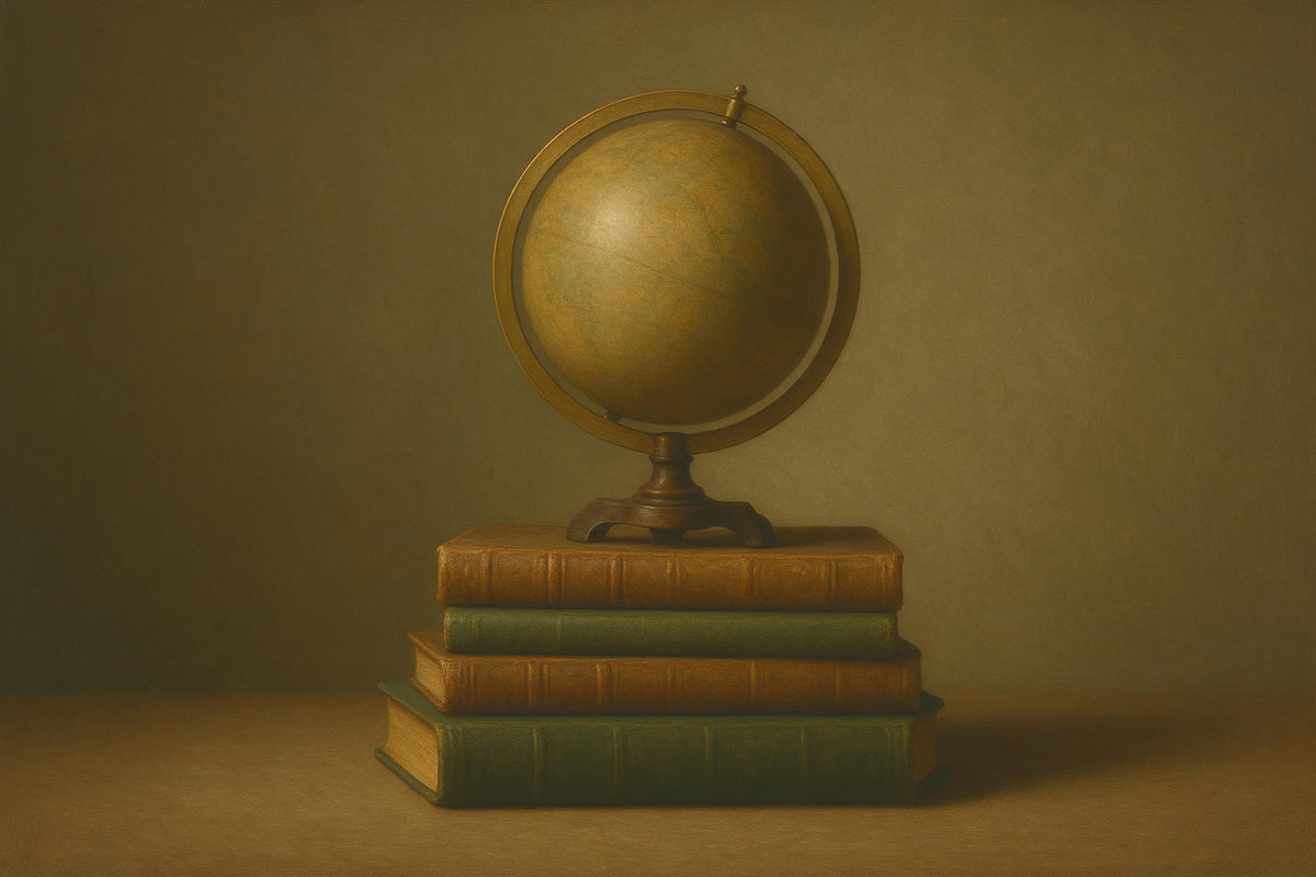 Antique globe with brass ring on four leather books, olive-brown background, tapestry printed on fabric – ochre and green