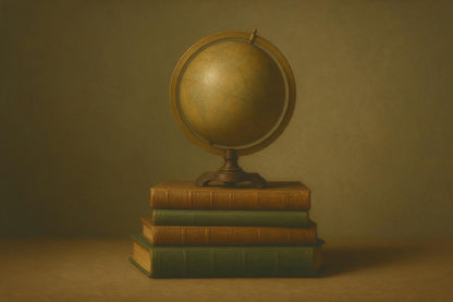 Globo antiguo con aro de latón sobre cuatro libros de cuero, fondo marrón oliva, tapiz impreso en tela – ocre y verde