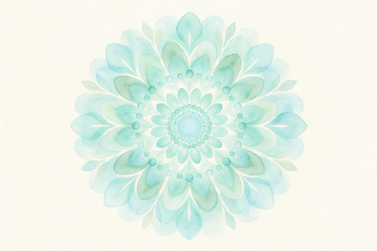 Mandala redondo en acuarela turquesa y verde salvia sobre crema, tapiz impreso en tela – turquesa y verde