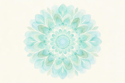 Mandala redondo en acuarela turquesa y verde salvia sobre crema, tapiz impreso en tela – turquesa y verde
