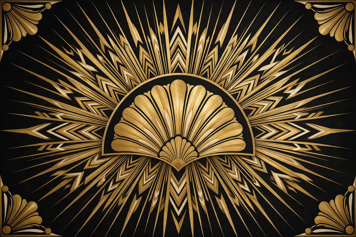Strahlenkranz im Art Deco mit goldenem Fächer mittig auf tiefem Schwarz, als Wandtuch, auf Stoff gedruckt – Gold und Schwarz