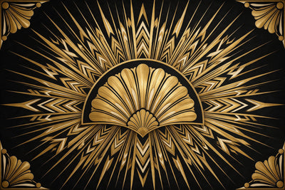 Strahlenkranz im Art Deco mit goldenem Fächer mittig auf tiefem Schwarz, als Wandtuch, auf Stoff gedruckt – Gold und Schwarz