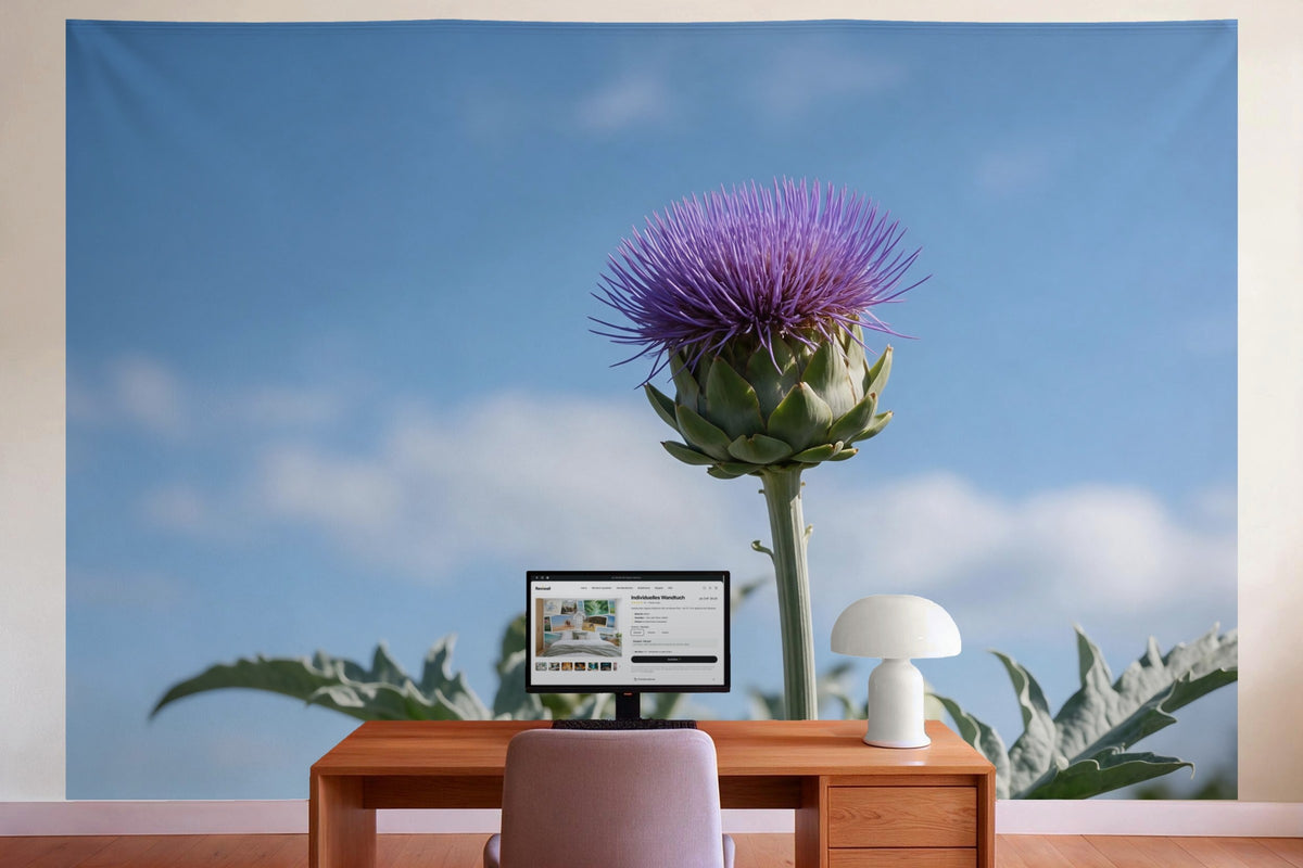 Wall decor in a home office behind the desk: printed fabric tapestry Artichoke Flower Against a Summer Sky