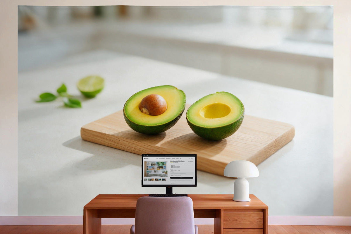 Wall decor in a home office behind the desk: printed fabric tapestry Avocado Halves on a Board