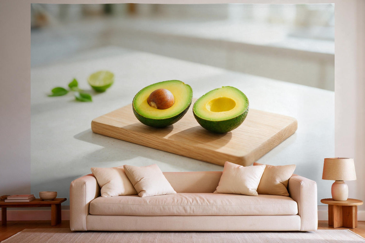 XXL wall tapestry Avocado Halves on a Board as wall decor in a bright living room above the sofa