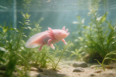 Rosa Axolotl zwischen grünen Wasserpflanzen im klaren Wasser über hellem Sand, als Wandtuch, auf Stoff gedruckt – Rosa
