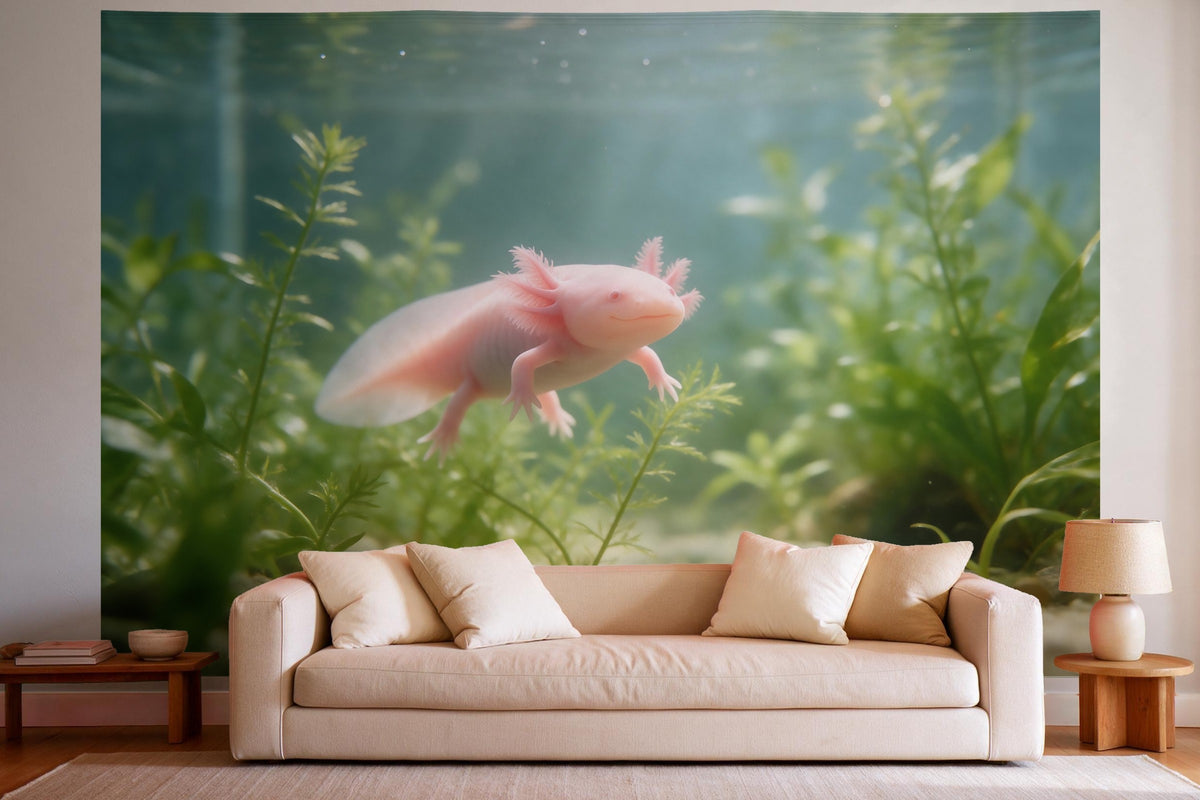 Decoración de pared en un salón luminoso sobre el sofá: tapiz de tela Ajolote en el acuario
