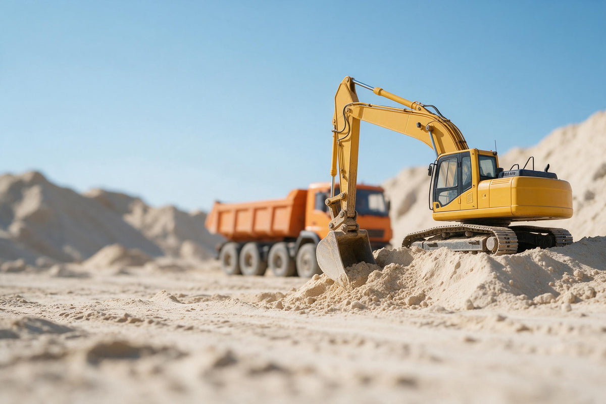 Gelber Bagger rechts am Sandhügel, oranger Kipplaster dahinter, als Wandtuch, auf Stoff gedruckt – Gelb und Blau