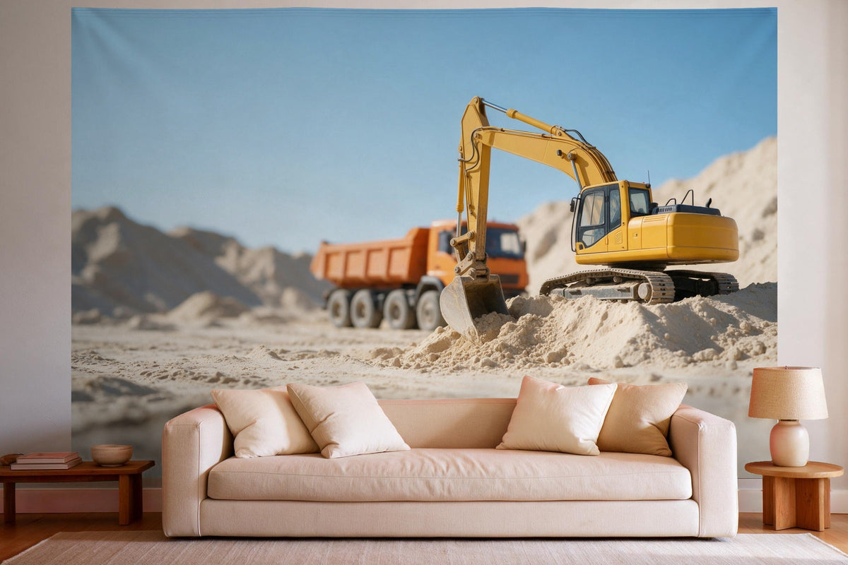 Decoración de pared en un salón luminoso sobre el sofá: tapiz de tela Excavadora amarilla en la obra