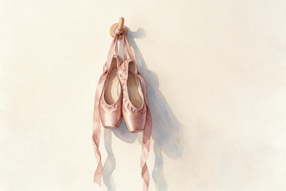 Zapatillas de ballet rosa palo con largas cintas de satén a la izquierda en un gancho, tapiz impreso en tela – rosa y beige