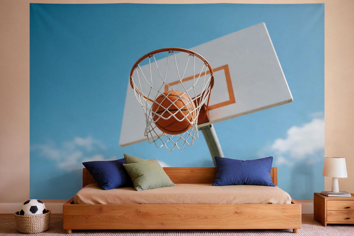 Tenture murale XXL Ballon de basket dans le panier en déco murale dans une chambre de garçon