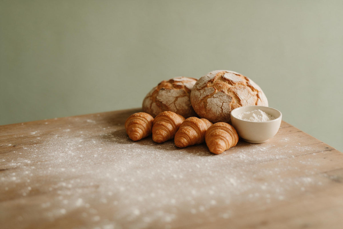 Zwei Bauernbrote und vier Croissants mit Mehlschale auf hellem Holztisch, als Wandtuch, auf Stoff gedruckt – Braun und Grün