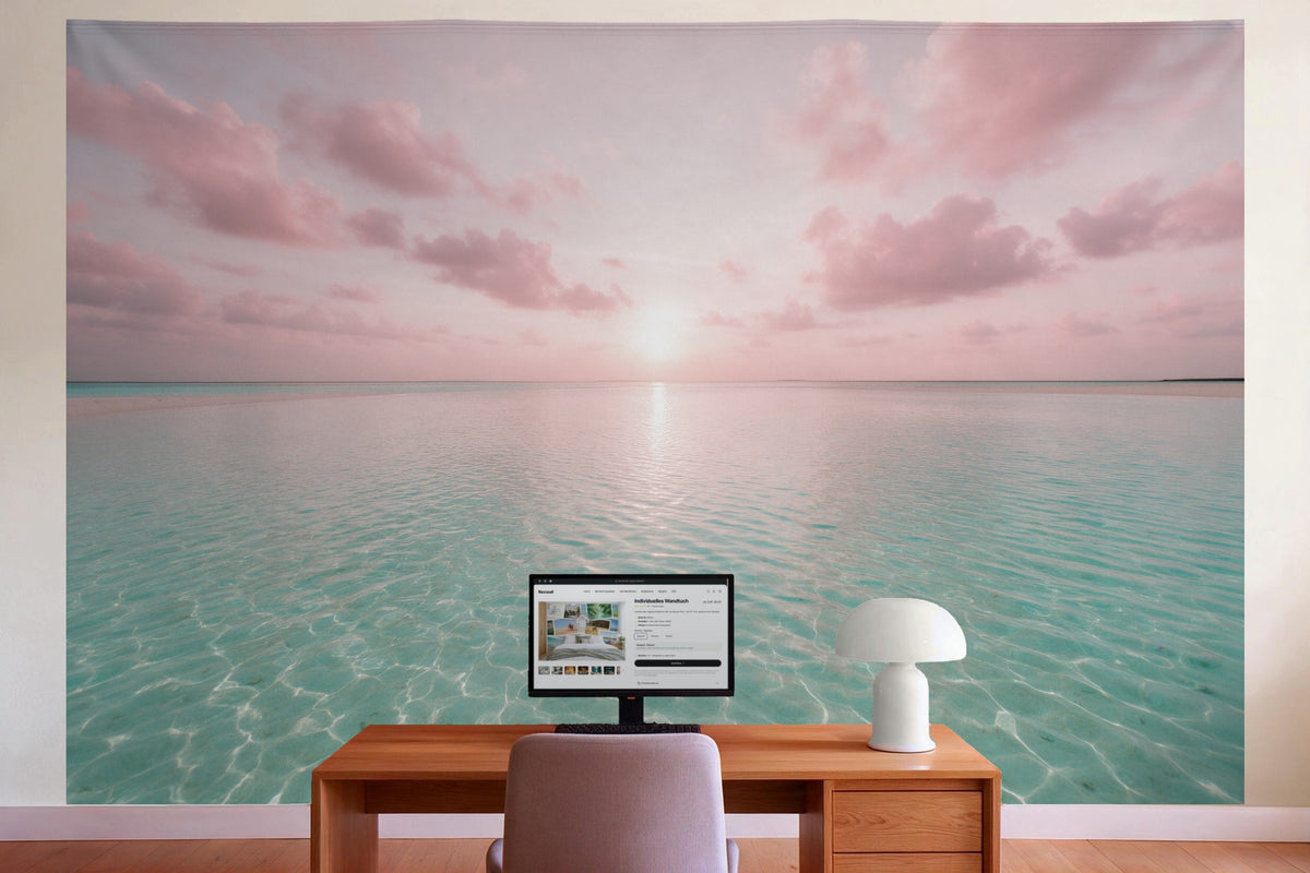 Decoración de pared en la oficina detrás del escritorio: tapiz de tela Playa rosa